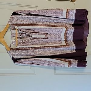 Ecru Silk Maroon Paisley Long Sleeve Shirt Size L